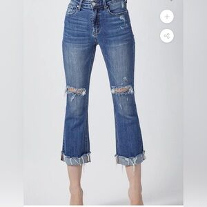 Risen  Medium Wash Distressed Capri Cuffed Jeans